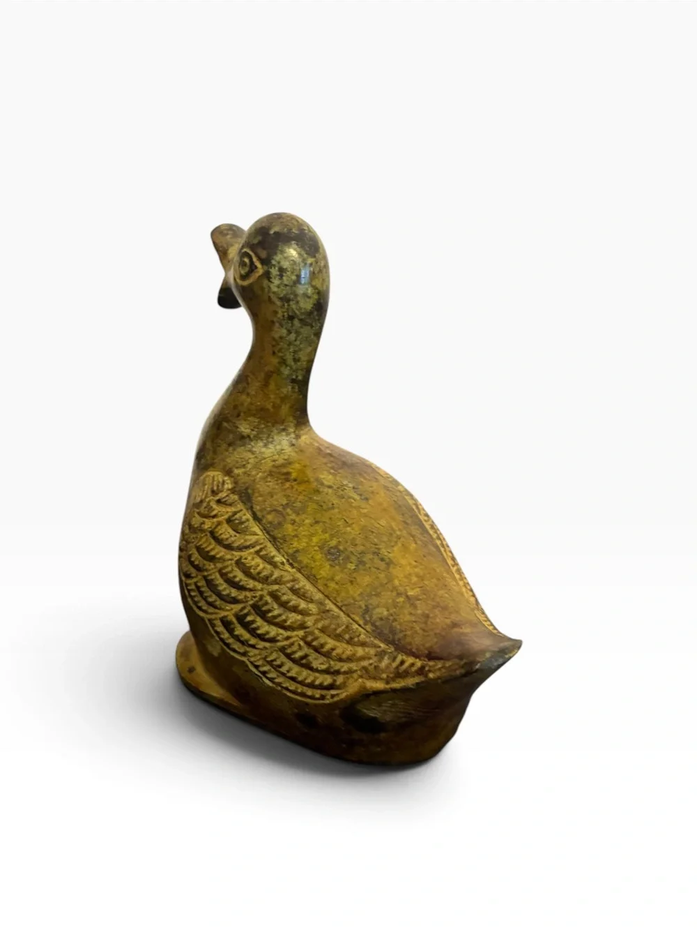 Vintage Bronze Duck Figurine Etched Wing Detail Aged Patina Paperweight Decor